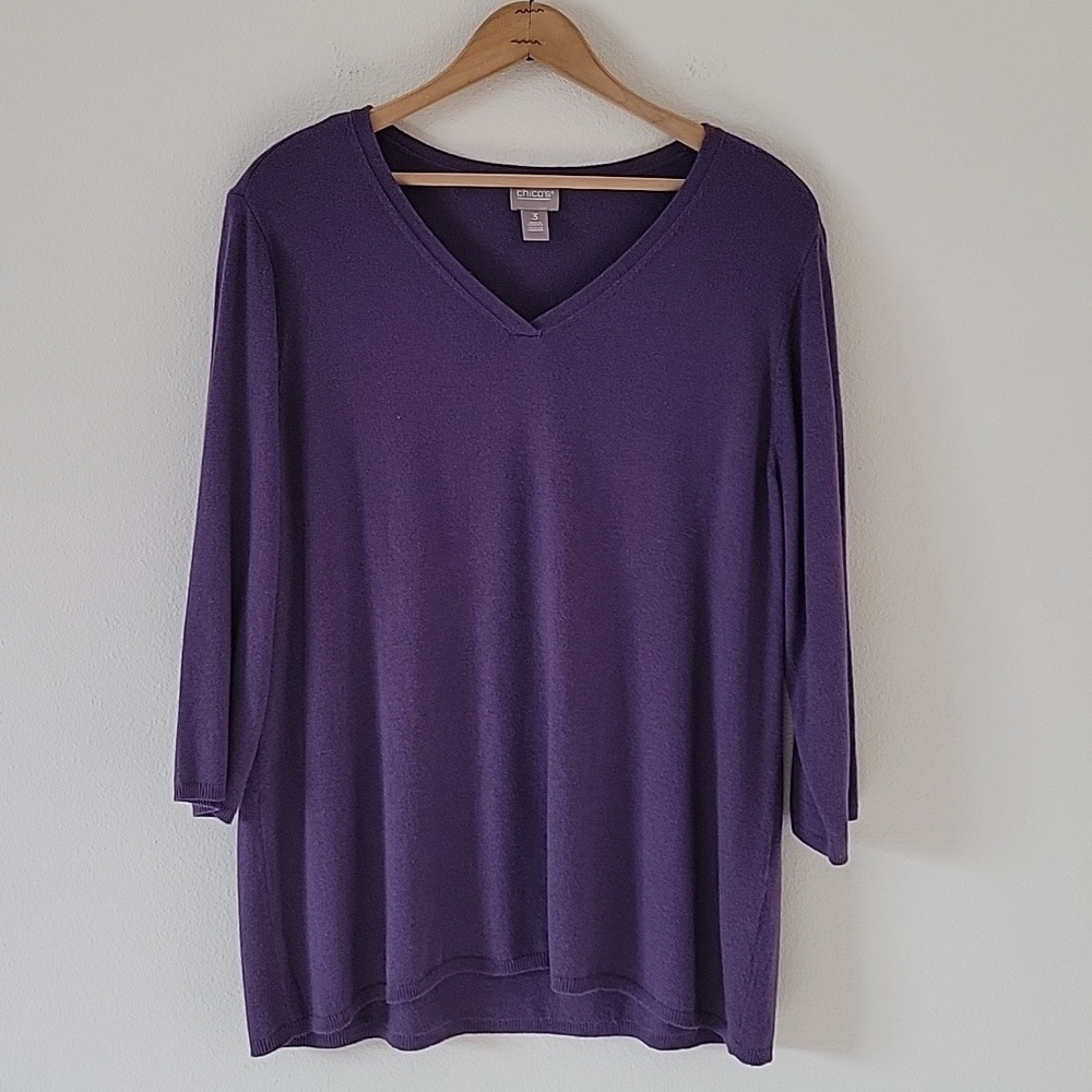 Chico's Touch Of Cashmere Muted Plum‎ V-Neck 3/4 Sleeve Sweater Size XL